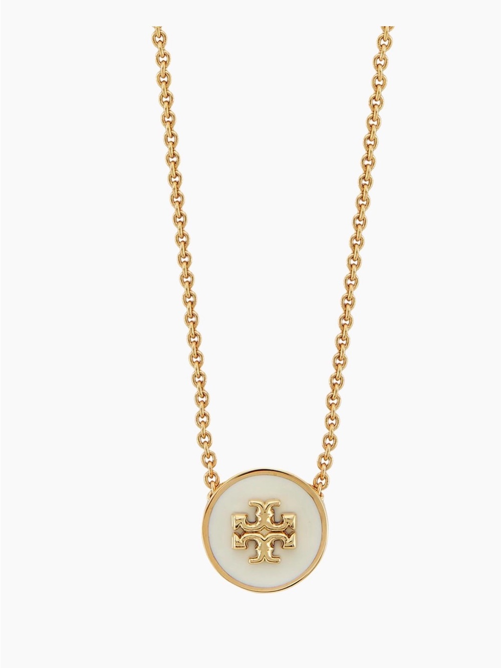 Tory Burch Gold and Cream Round Logo Pendant Necklace